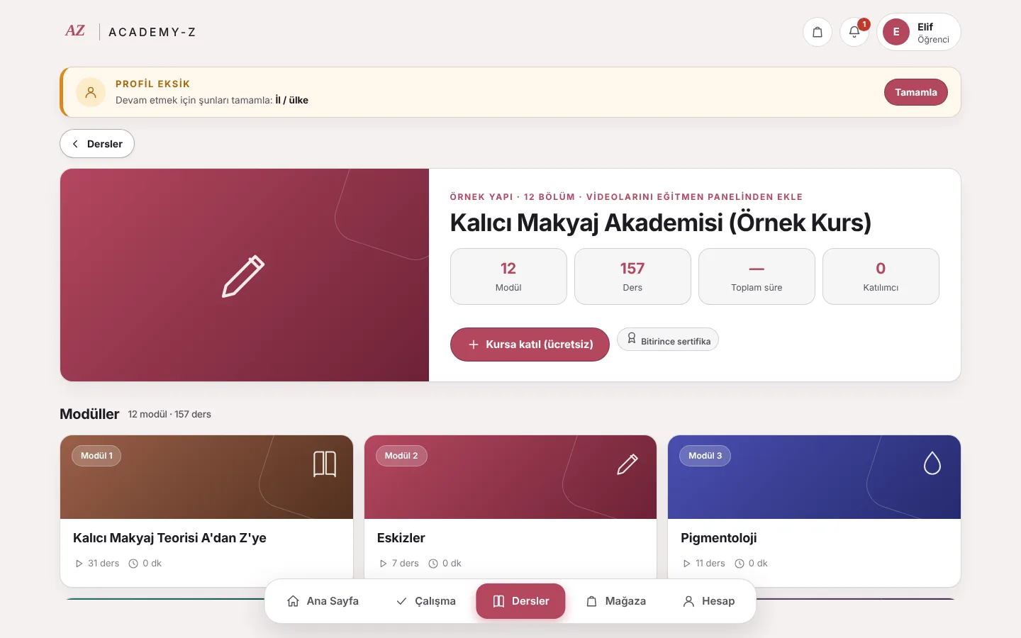 Öğrenci: kurs sayfası